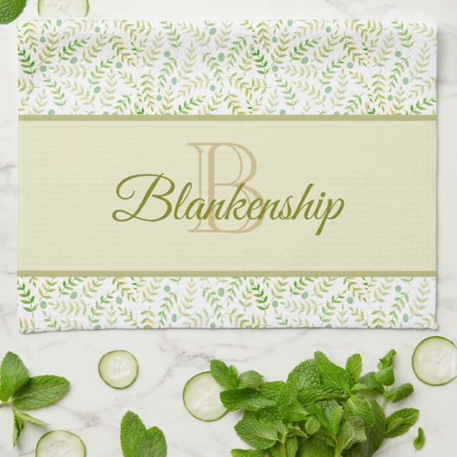Custom Monogram Name Nature Fern Leaf Pattern Kitchen Towel (Folded)