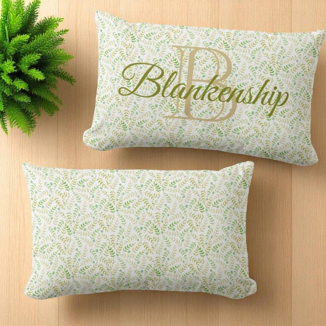 Custom Monogram Name Nature Fern Leaf Pattern Lumbar Pillow (front monogram and design back design only)
