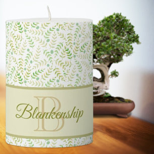 Custom Monogram Name Nature Fern Leaf Pattern Pillar Candle