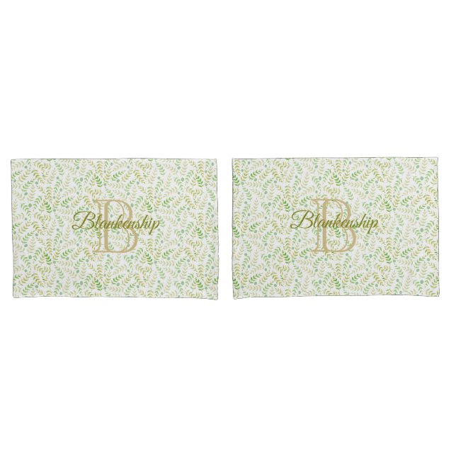Custom Monogram Name Nature Fern Leaf Pattern Pillow Case (Front-Set)