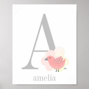 Custom Monogram Name Pink Bird Girl Nursery Poster