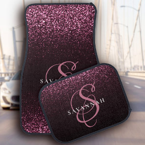 Custom Monogram Name Pink Glitter Modern Script Car Floor Mat