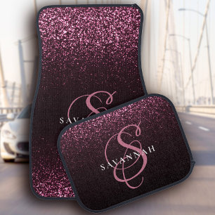 Custom Monogram Name Pink Glitter Modern Script Car Floor Mat