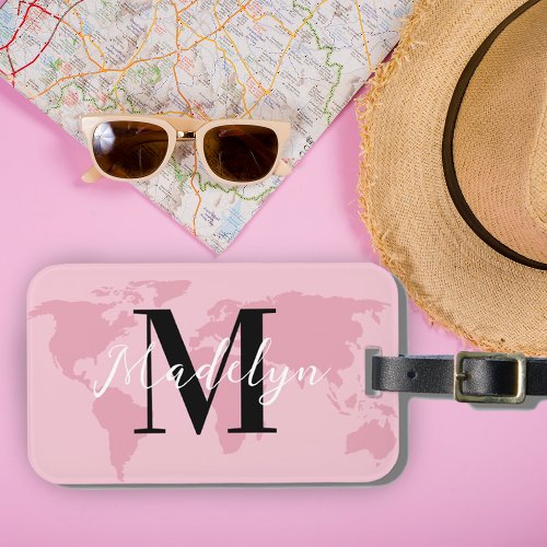 Custom Monogram Name Pink Map World Traveler Luggage Tag