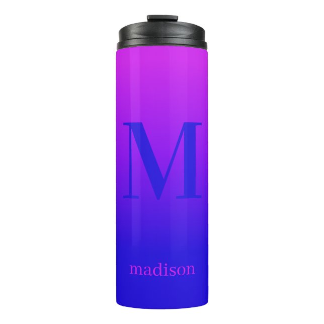 Custom monogram & name Pink to Blue Gradient Thermal Tumbler (Front)