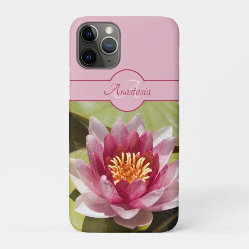 Custom Monogram Name Pink Water Lily Photograph iPhone 11 Pro Case