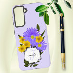 Custom Monogram Name Pretty Wildflowers Samsung Galaxy S21 Case<br><div class="desc">This deisgn features purple and yellow wildflower photos mixed with digital art greenery. It includes templates for initial letter and name in a white clipped corner block. Personalize the text,  remove one text element or edit using the design tool to select a font style,  size,  and color you prefer.</div>