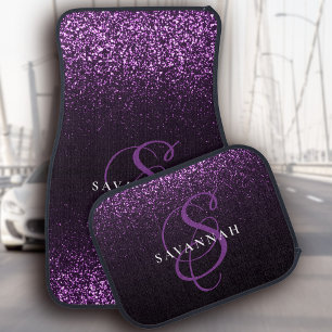 Custom Monogram Name Purple Glitter Modern Script Car Floor Mat
