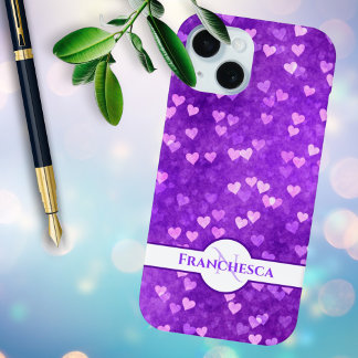 Custom Monogram Name Purple Heart Bokeh Art iPhone 15 Case