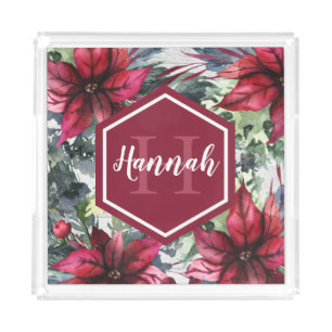 Custom Monogram Name Red Poinsettia Acrylic Tray