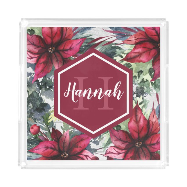 Custom Monogram Name Red Poinsettia Acrylic Tray (Front)