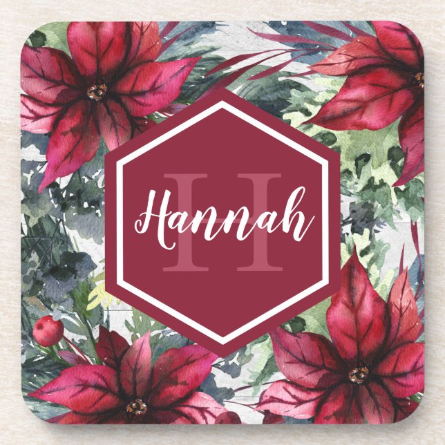 Custom Monogram Name Red Poinsettia Beverage Coaster (Front)