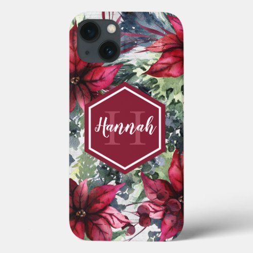 Custom Monogram Name Red Poinsettia iPhone 13 Case