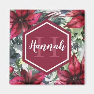 Custom Monogram Name Red Poinsettia Magnet