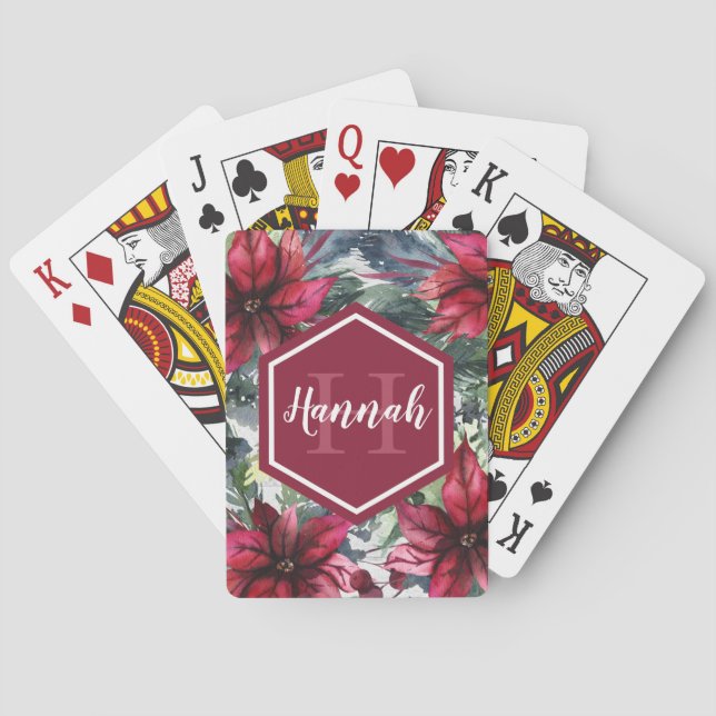 Custom Monogram Name Red Poinsettia Poker Cards (Back)