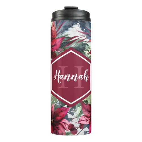 Custom Monogram Name Red Poinsettia Thermal Tumbler