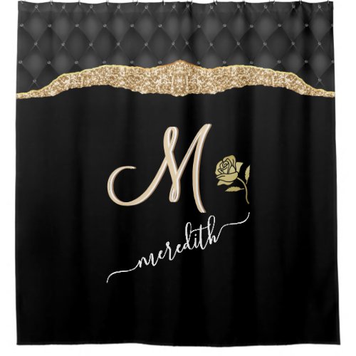 Custom Monogram Name Rose Elegant Gold Black  Show Shower Curtain