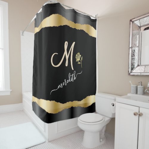 Custom Monogram Name Rose Elegant Gold Black  Shower Curtain