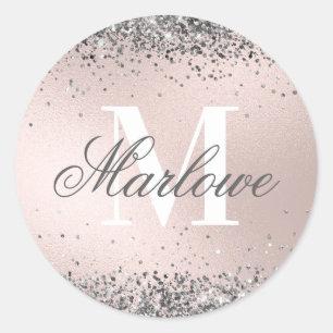 Custom Monogram Name Silver Glitter Blush Pink Classic Round Sticker
