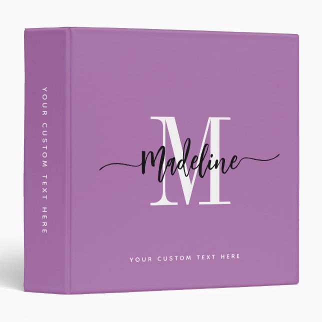 Custom Monogram Name Stylish Script Purple 3 Ring Binder (Front/Spine)