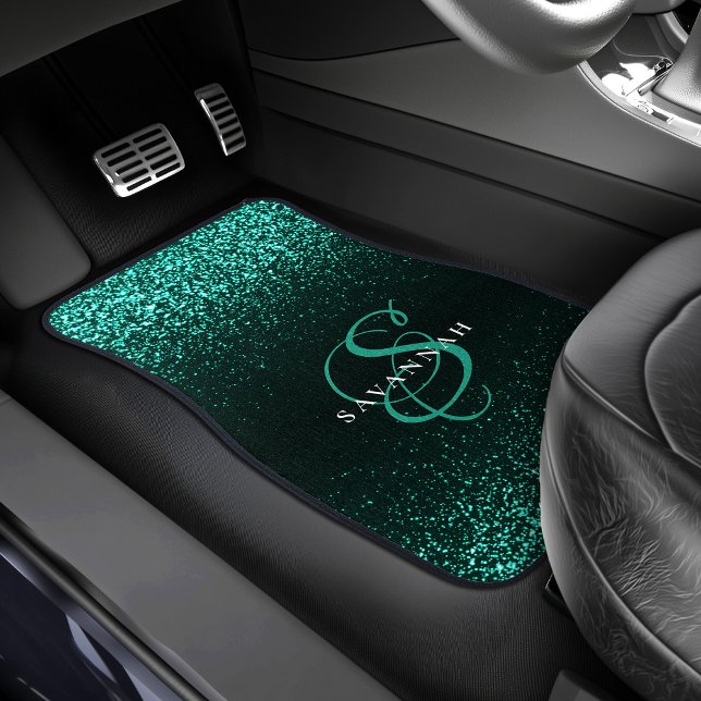 Custom Monogram Name Teal Glitter Modern Script Car Floor Mat (Creator Uploaded)