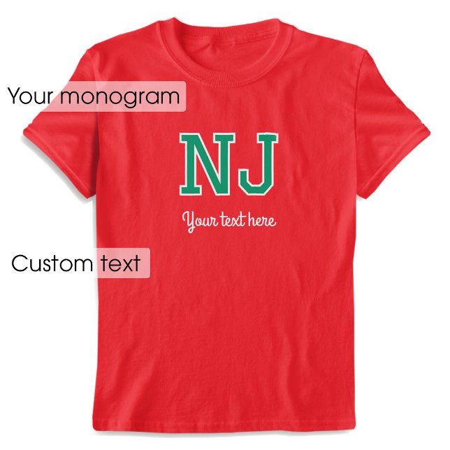 Custom Monogram Name Text Green Red Graphic T-Shirt (Creator Uploaded)