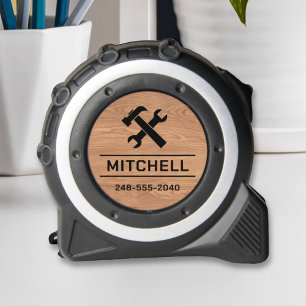 Custom Monogram Name Tools on Wood Grain Tape Measure