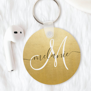 Custom Monogram Name Trendy Script Gold Foil Keychain