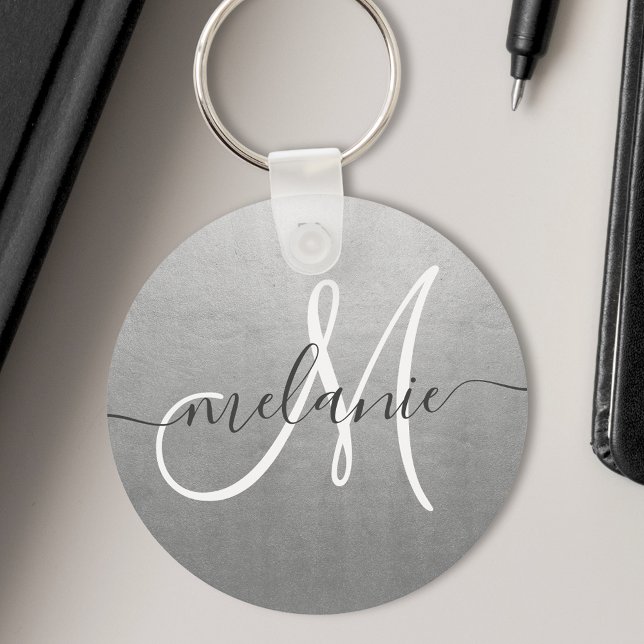 Custom Monogram Name Trendy Script Silver Foil Keychain (Creator Uploaded)
