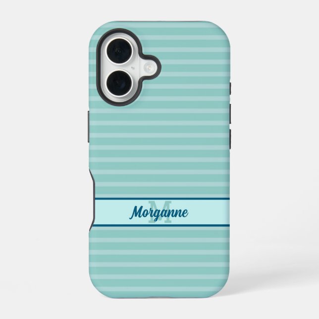Custom monogram name turquoise stripe pattern iphone case (Back)