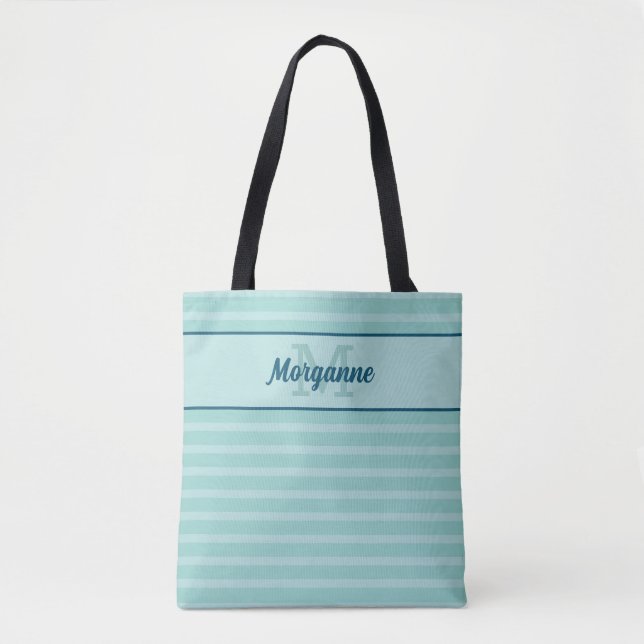 Custom monogram name turquoise stripe pattern tote bag (Front)