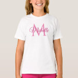 Custom Monogram Name White And Pink Girls T-Shirt<br><div class="desc">Custom Girls Monogram Name White And Pink Template Elegant Trendy Girls' T-Shirt.</div>