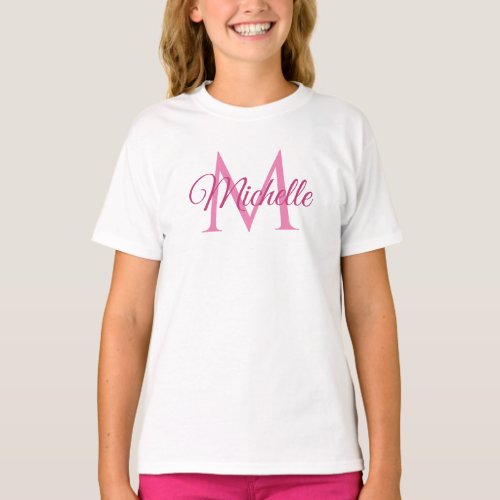 Custom Monogram Name White And Pink Girls T_Shirt