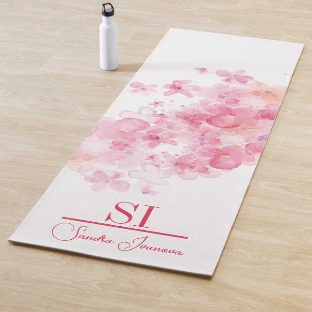 Custom Monogram|Name with Modern Pink Flower Yoga Mat (In Situ)