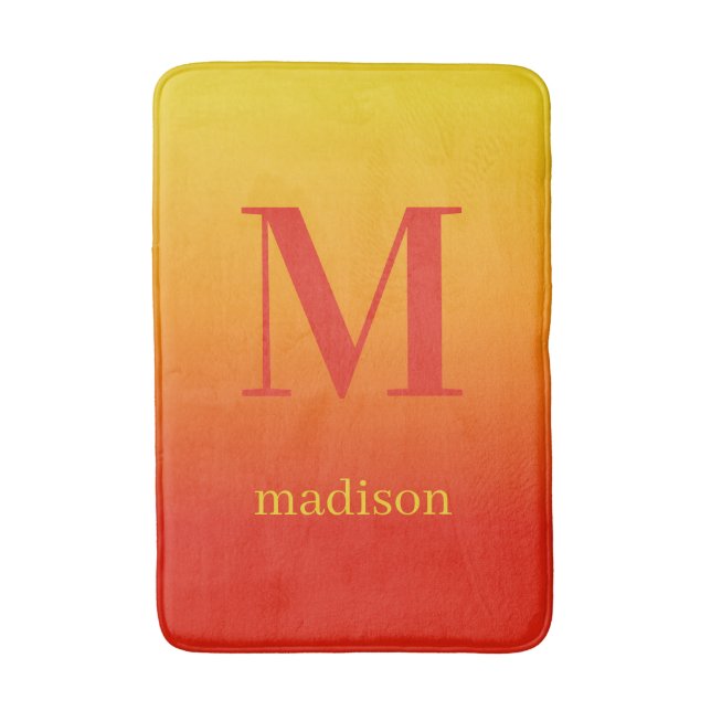 Custom monogram & name Yellow to Red Gradient Bath Mat (Front Vertical)