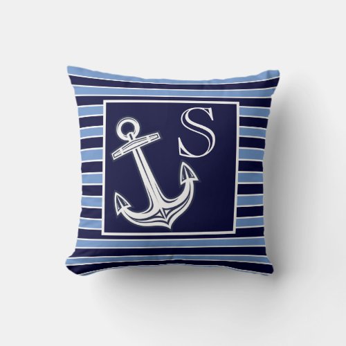 Custom Monogram Nautical Anchor Navy Blue stripes  Throw Pillow