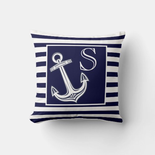 Custom Monogram Nautical Anchor Navy Blue stripes Throw Pillow