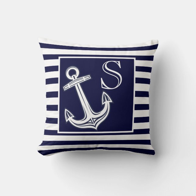 Custom Monogram Nautical Anchor Navy Blue stripes Throw Pillow (Front)