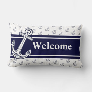 Custom Monogram Nautical Anchor Navy Blue White Lumbar Pillow