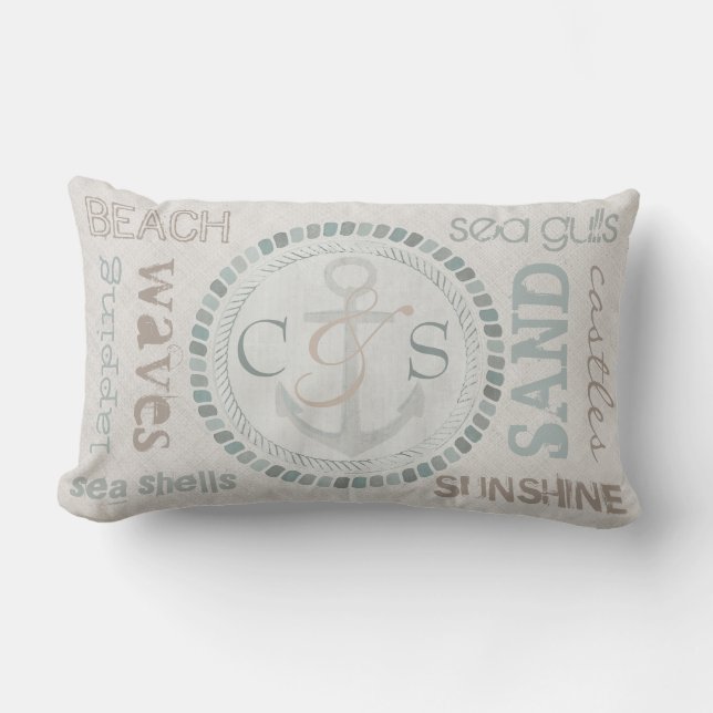 Custom Monogram Nautical Beach Lumbar Pillow (Front)