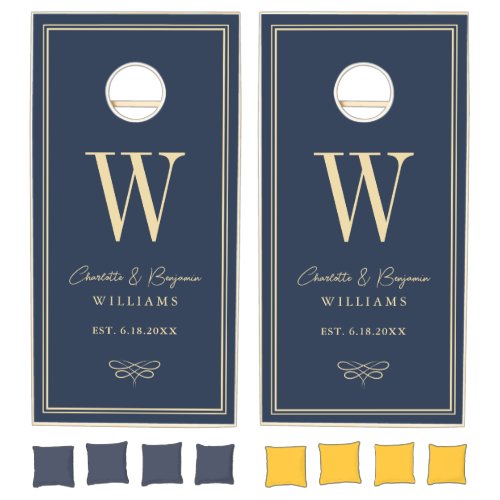 Custom Monogram Navy Blue and Gold Wedding Cornhole Set