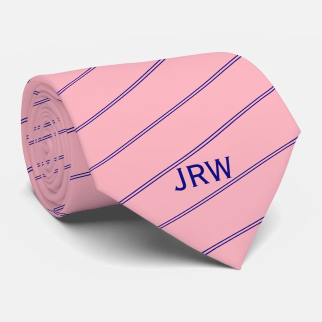 Custom Monogram Navy Blue and Pink Striped Neck Tie (Rolled)
