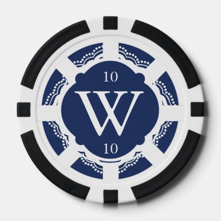Custom Monogram Navy Blue And White Poker Chips