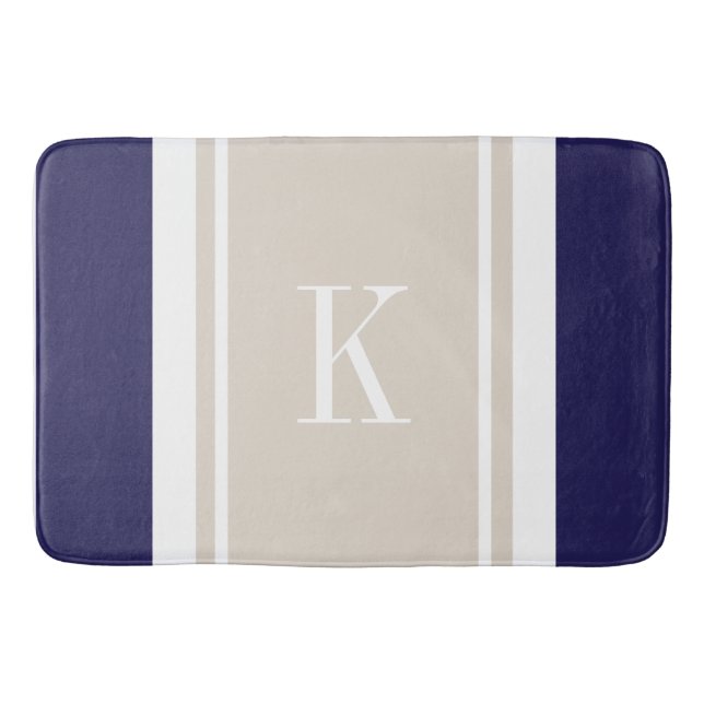 Custom Monogram Navy Blue Beige Stripes Pattern Bathroom Mat (Front)