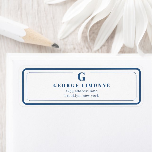 Custom Monogram Navy Blue Border Address Label (Insitu)
