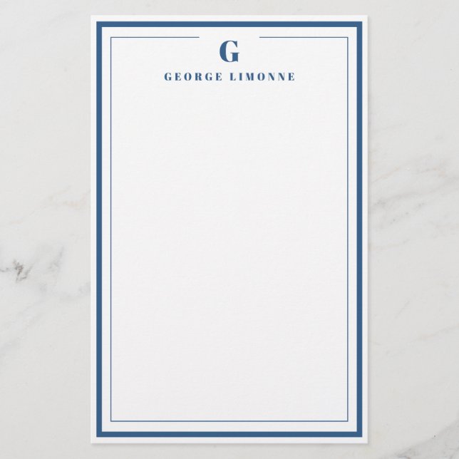 Custom Monogram Navy Blue Border Stationery  (Front)