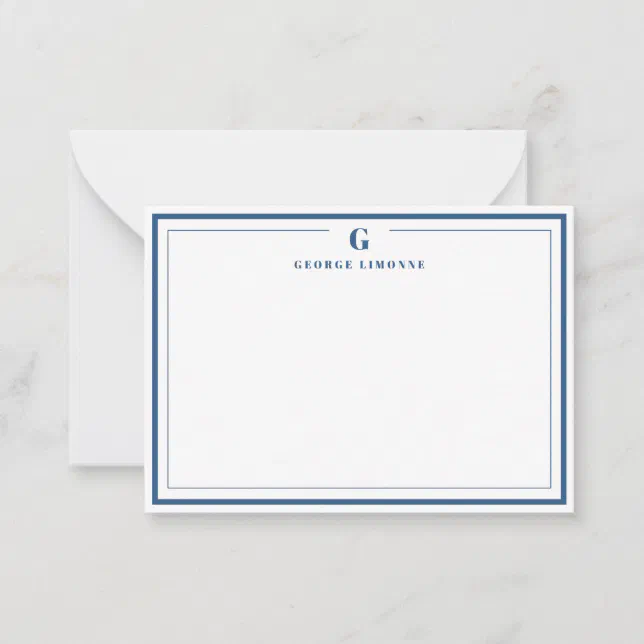 Custom Monogram Navy Blue Border Stationery Note Card | Zazzle