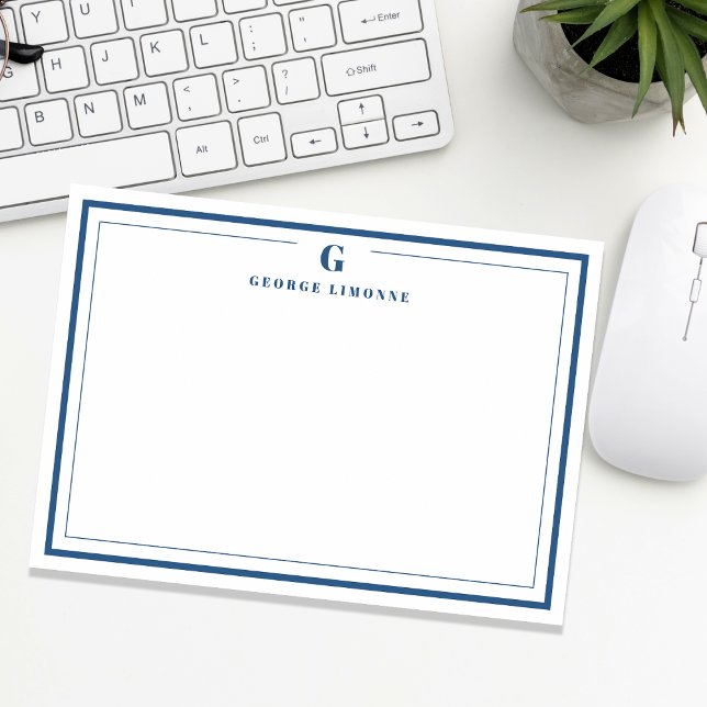Custom Monogram Navy Blue Border Stationery  Note Card (Creator Uploaded)