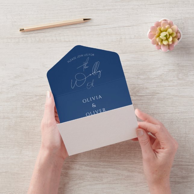 Custom monogram navy blue calligraphy wedding all in one invitation (Video)