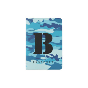 Custom monogram navy blue camo passport holder